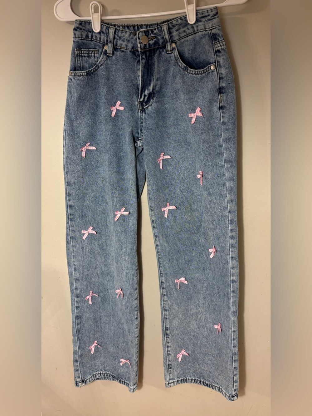 Gingham Pink Bow Jeans Size 0 Embroidered Wide Leg High Rise Denin woman / teen